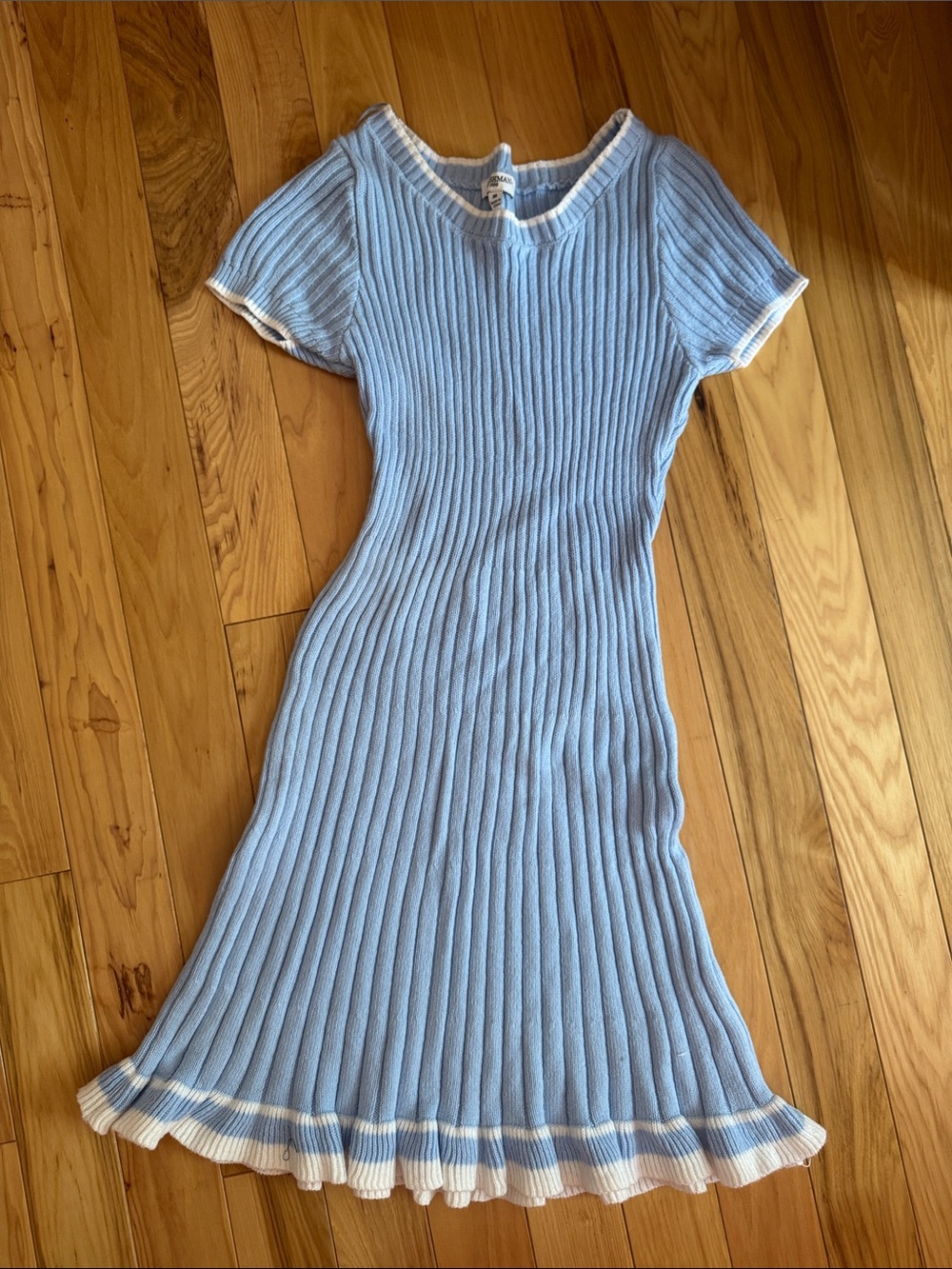 Light Blue Ribbed Knit Midi Dress with White Trim